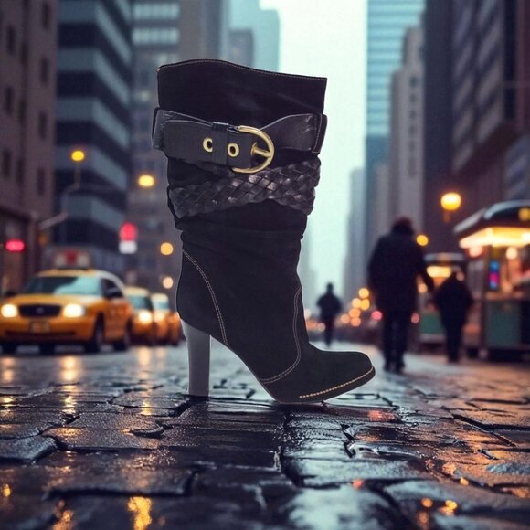 Vintage COACH Randie Belted Slouch Boots black suede 8 - Picture 5 of 12